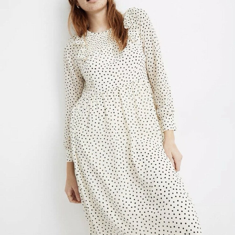 Madewell Smocked Ruffle Shoulder Midi Dress Small Inkbrush‎ Dots White Black